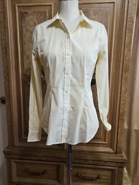Classic Women's Yellow Stripe Button-Down Shirt W/ Floral Trim At Collar & Cuffs